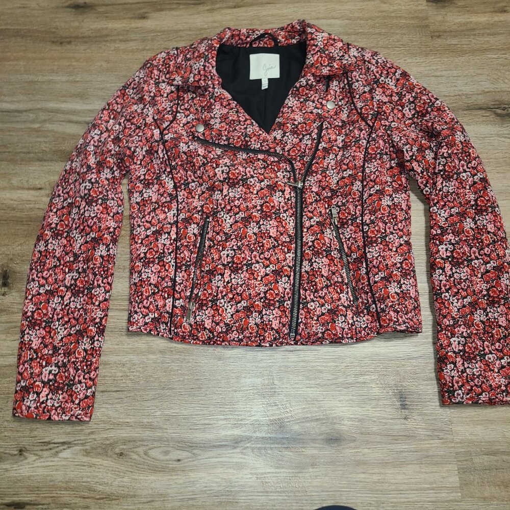 JOIE size S Zip Moto Floral Jacket Lightweight 100% Silk Quilted